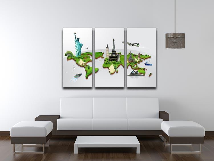 Travel the World Concept 3 Split Panel Canvas Print featuring three panels with vibrant travel-themed artwork.