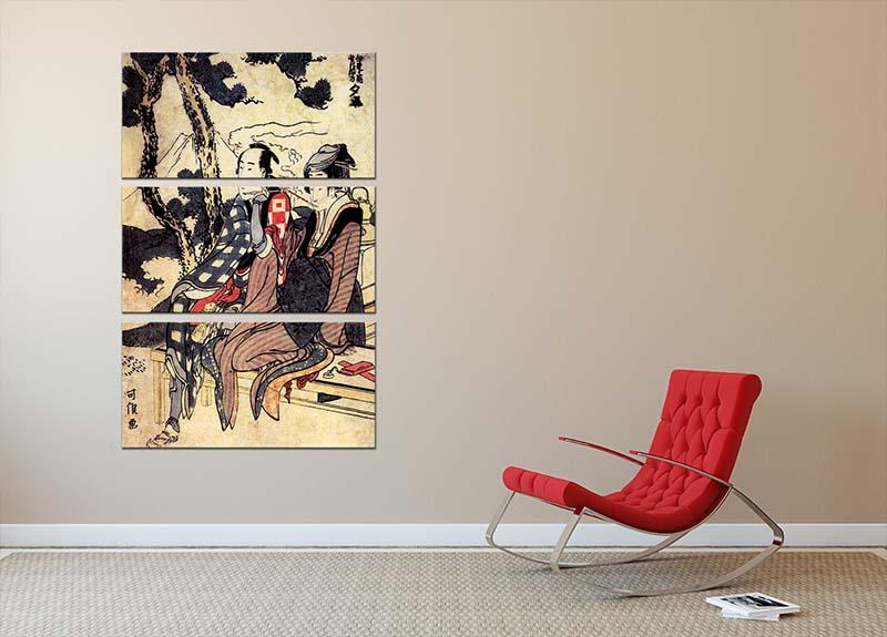 Three-panel canvas print featuring the Traveling Couple by Hokusai, showcasing vibrant colors and intricate details.