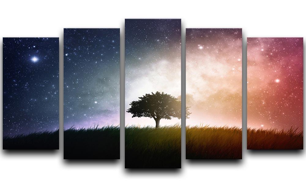 A beautiful 5 split panel canvas artwork featuring a tree in a field with a stunning space background, showcasing vibrant colors and intricate details.