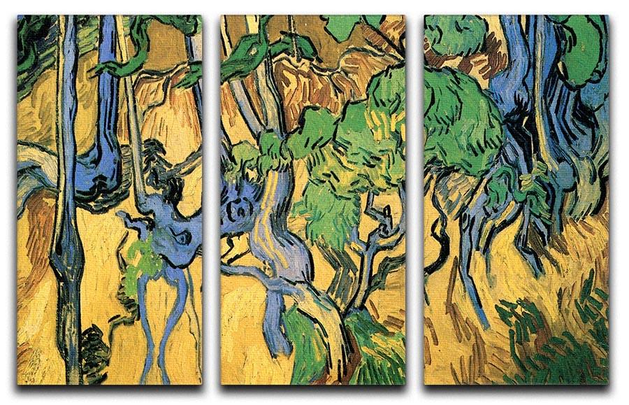 Three-panel canvas print of Van Gogh's Tree Roots and Trunks, showcasing vibrant colors and intricate details.