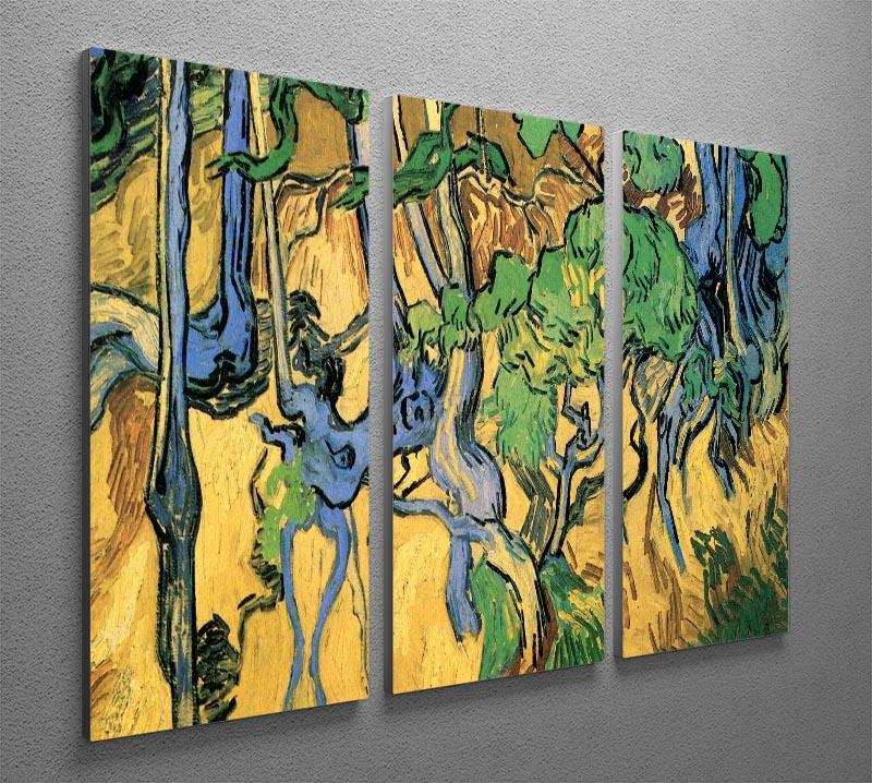 Three-panel canvas print of Van Gogh's Tree Roots and Trunks, showcasing vibrant colors and intricate details.