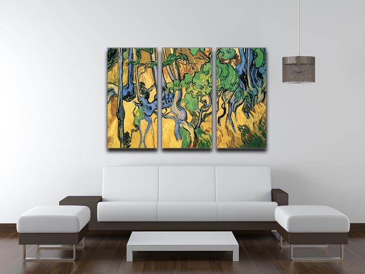 Three-panel canvas print of Van Gogh's Tree Roots and Trunks, showcasing vibrant colors and intricate details.