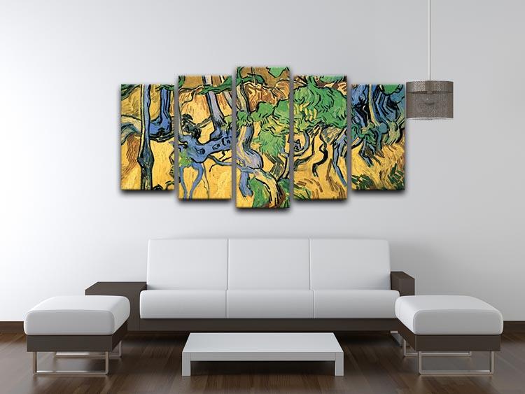A 5-split panel canvas artwork featuring Van Gogh's Tree Roots and Trunks, showcasing vibrant colors and intricate details of nature.