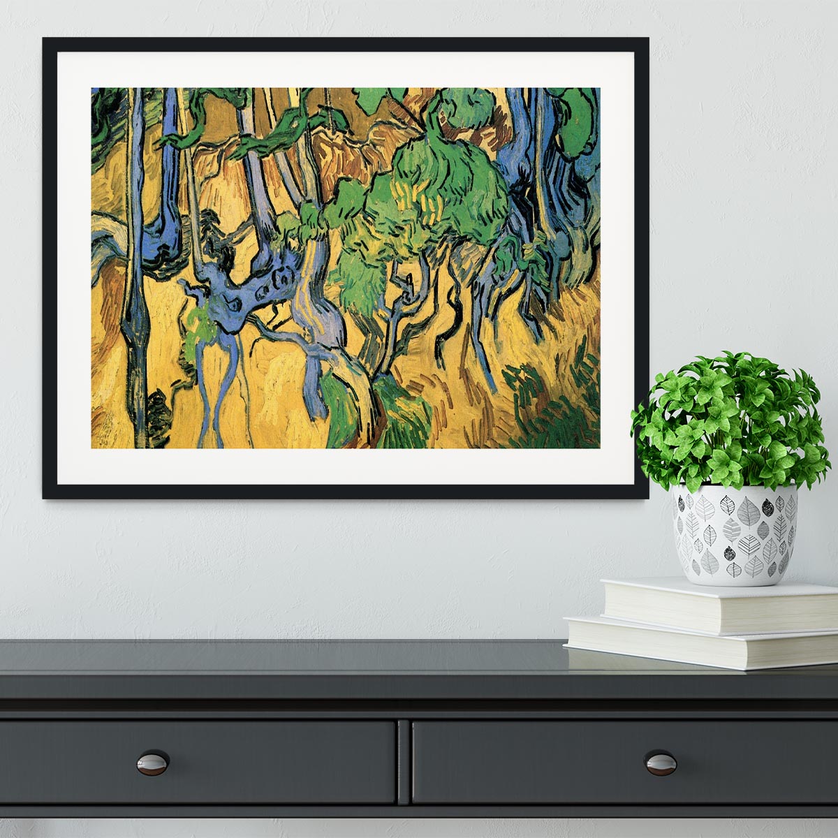 Framed print of Van Gogh's Tree Roots and Trunks, showcasing vibrant colors and intricate details in a handmade frame.