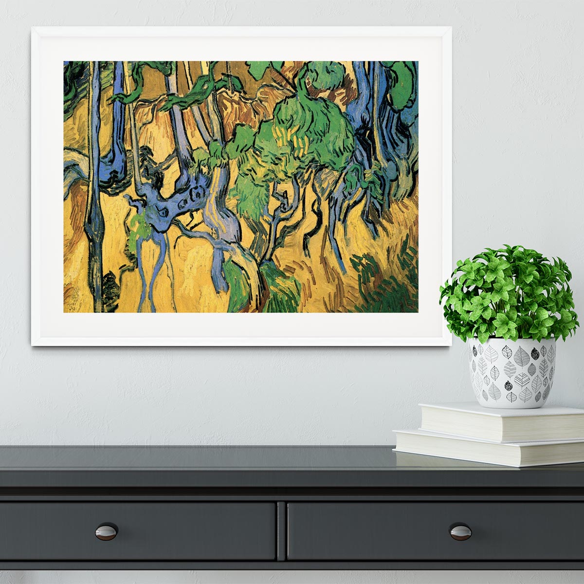 Framed print of Van Gogh's Tree Roots and Trunks, showcasing vibrant colors and intricate details in a handmade frame.