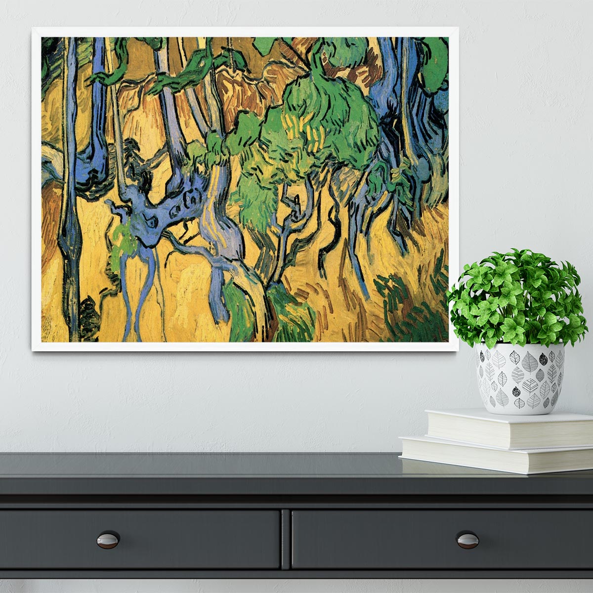 Framed print of Van Gogh's Tree Roots and Trunks, showcasing vibrant colors and intricate details in a handmade frame.