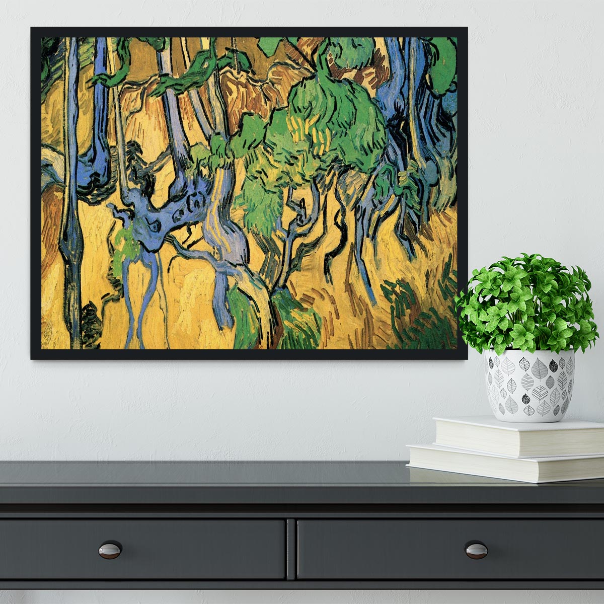 Framed print of Van Gogh's Tree Roots and Trunks, showcasing vibrant colors and intricate details in a handmade frame.
