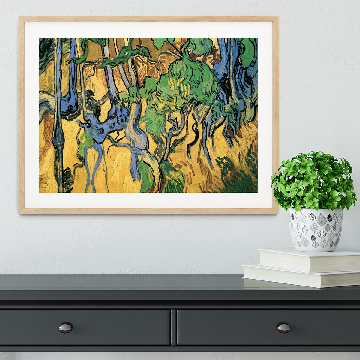 Framed print of Van Gogh's Tree Roots and Trunks, showcasing vibrant colors and intricate details in a handmade frame.