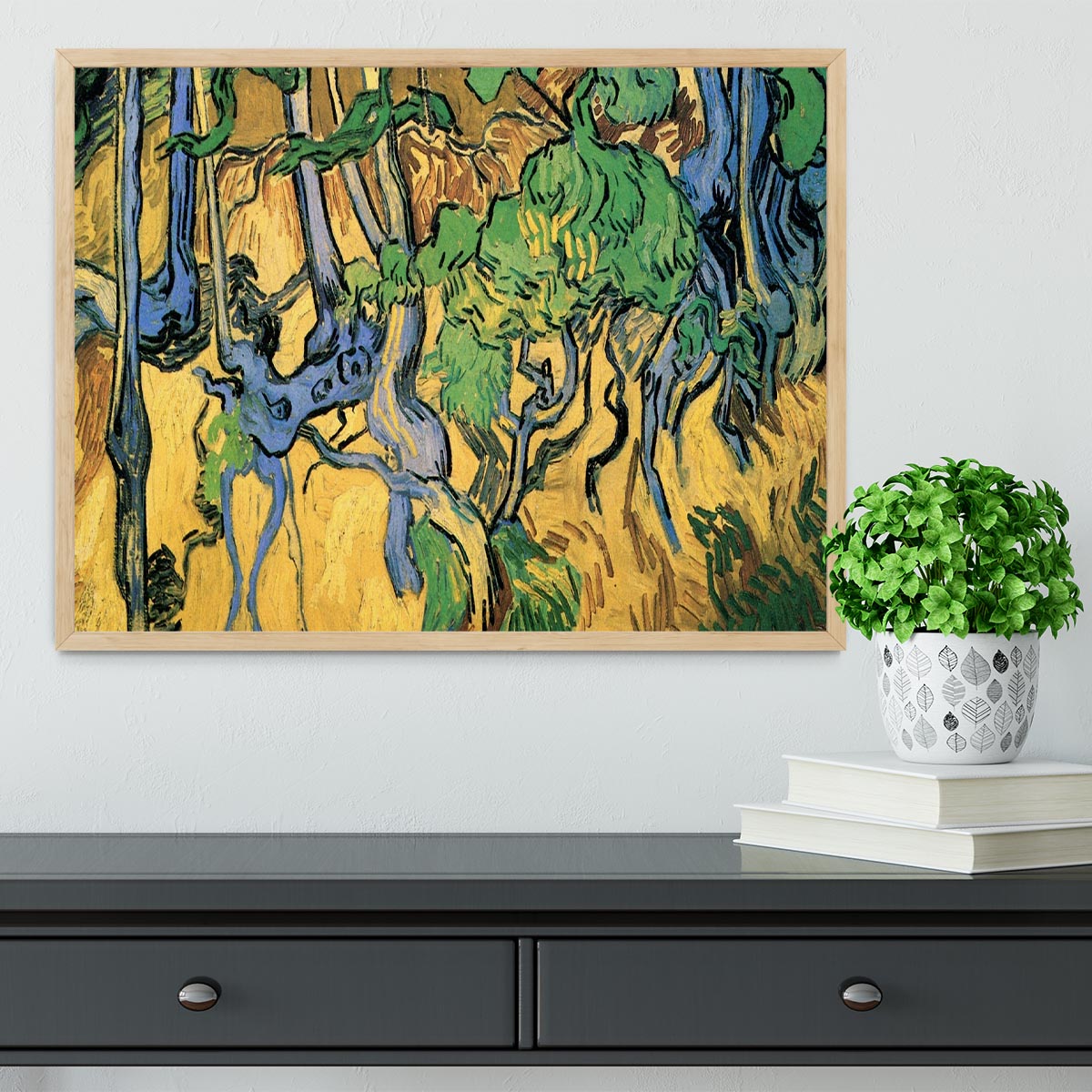 Framed print of Van Gogh's Tree Roots and Trunks, showcasing vibrant colors and intricate details in a handmade frame.
