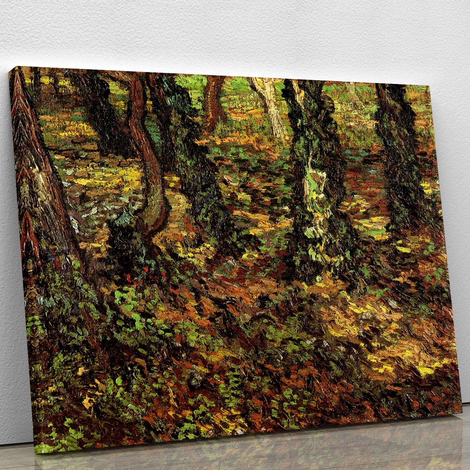 Canvas print of Van Gogh's Tree Trunks with Ivy, showcasing intricate tree trunks and lush ivy in vibrant colors.