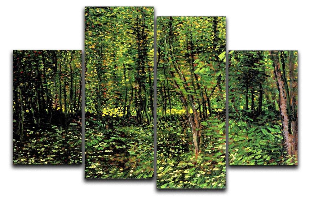 A 4-split canvas artwork featuring Van Gogh's Trees and Undergrowth 2, showcasing vibrant colors and intricate details across four panels.