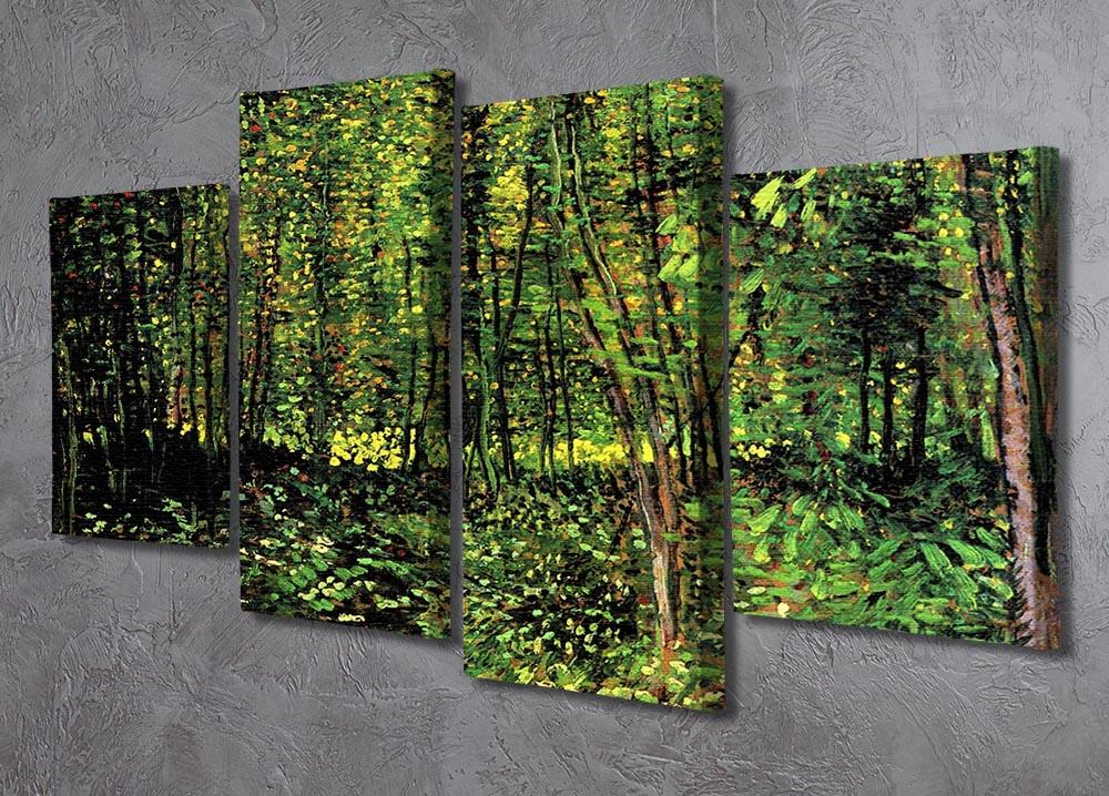 A 4-split canvas artwork featuring Van Gogh's Trees and Undergrowth 2, showcasing vibrant colors and intricate details across four panels.