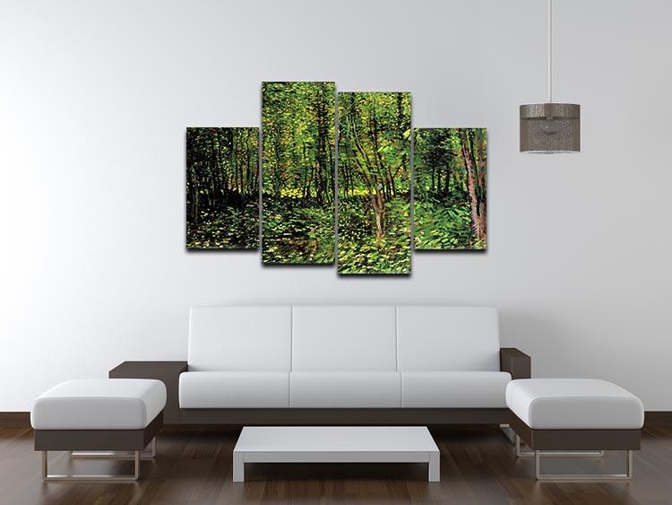 A 4-split canvas artwork featuring Van Gogh's Trees and Undergrowth 2, showcasing vibrant colors and intricate details across four panels.
