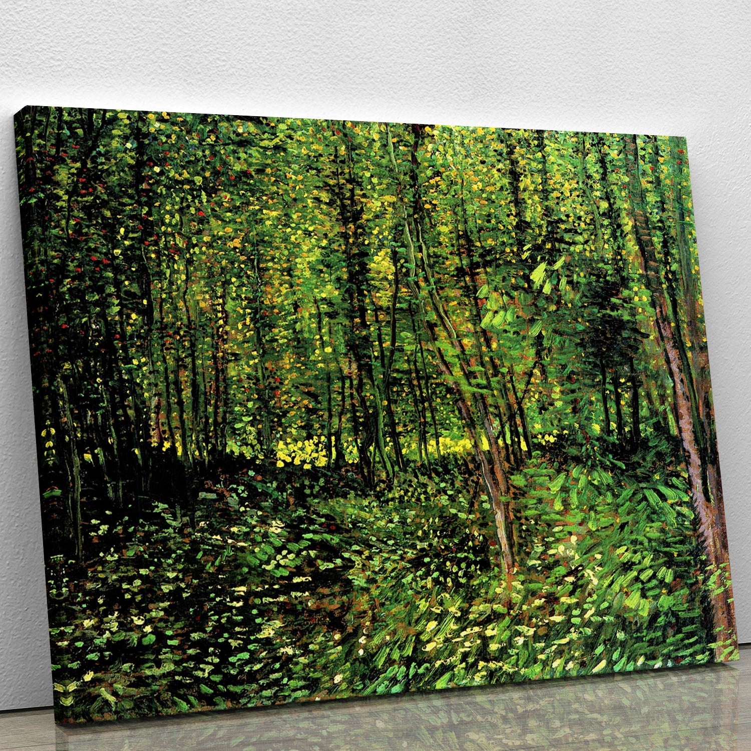 Canvas print of Van Gogh's Trees and Undergrowth 2, showcasing vibrant colors and intricate details of trees and undergrowth.