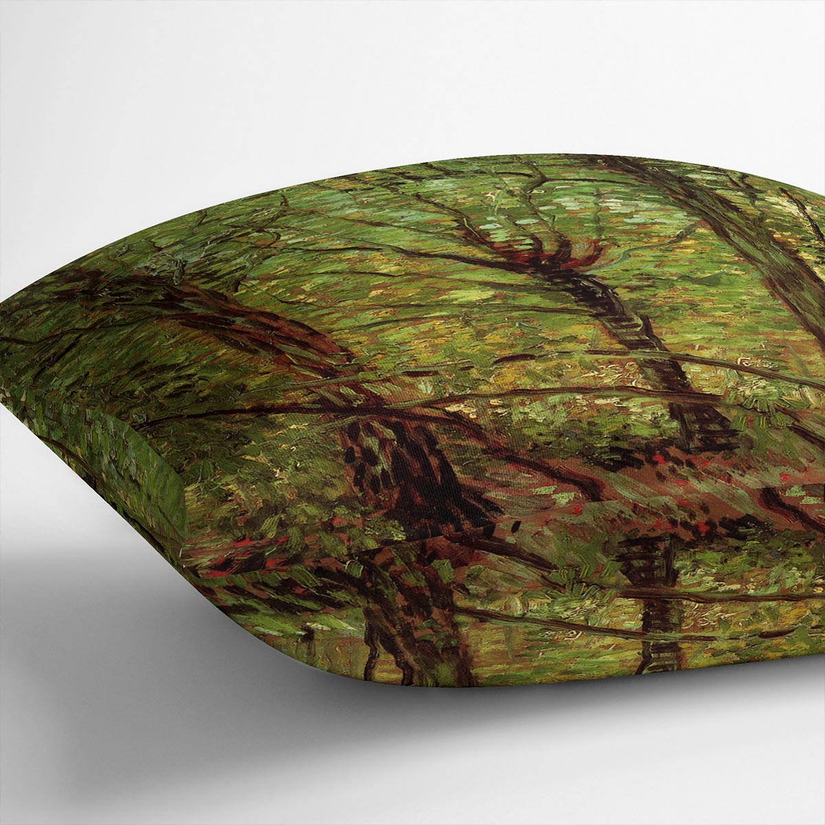 Trees and Undergrowth by Van Gogh Cushion featuring vibrant colors on luxurious vegan faux suede, perfect for home decor.