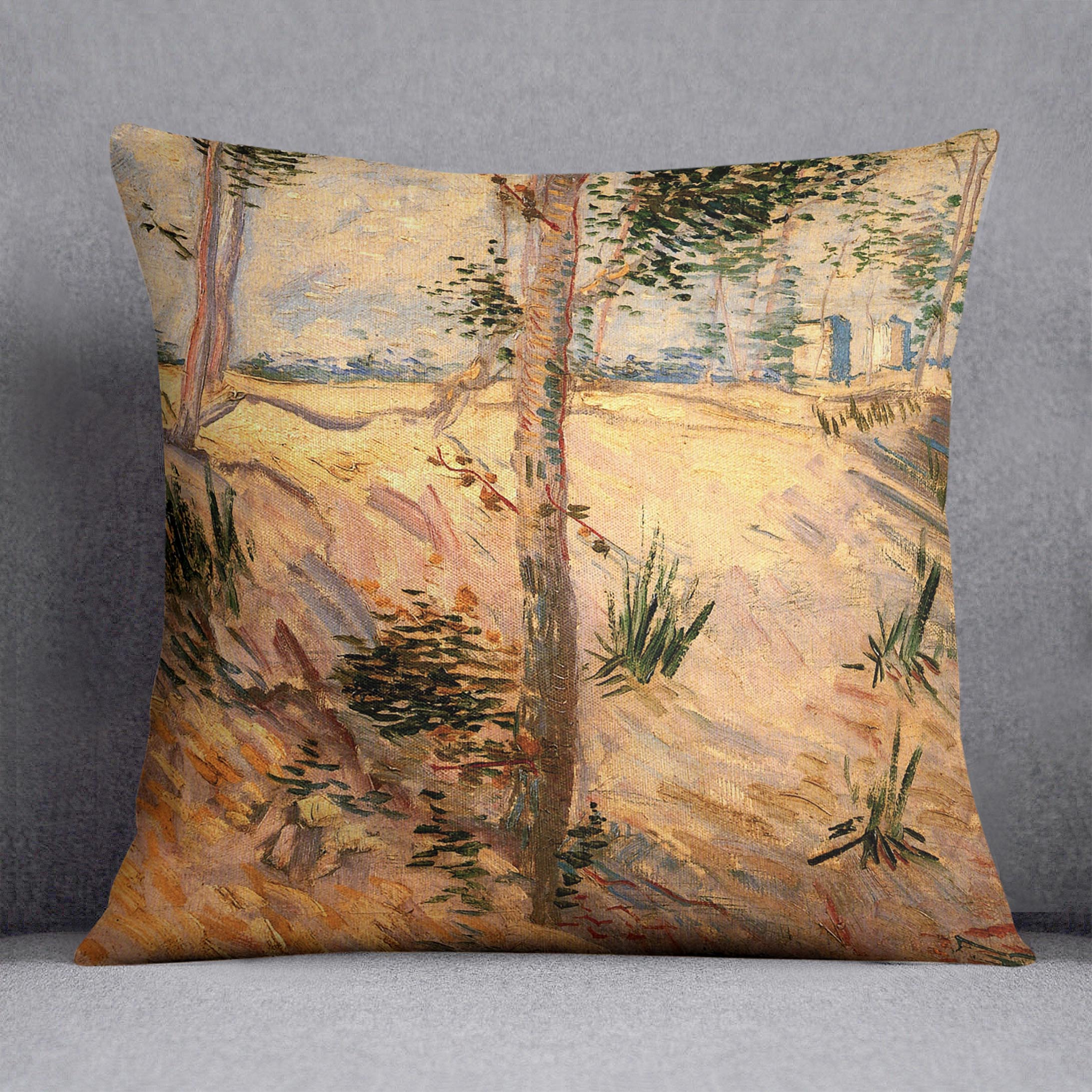 A vibrant cushion featuring Van Gogh's Trees in a Field artwork, made from soft vegan faux suede, showcasing rich colors and intricate details.