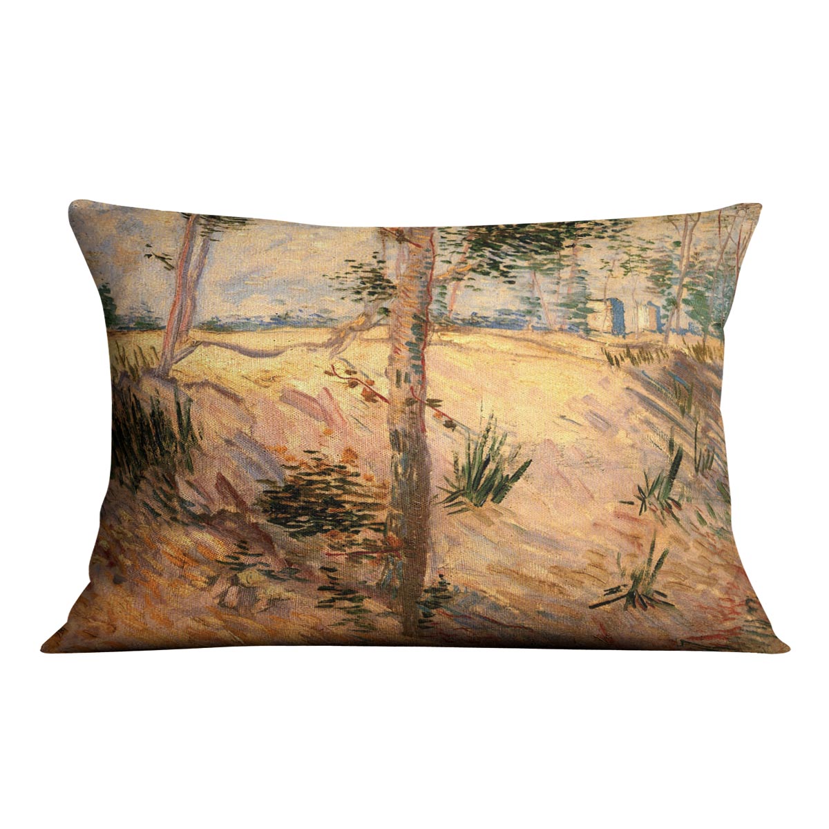 A vibrant cushion featuring Van Gogh's Trees in a Field artwork, made from soft vegan faux suede, showcasing rich colors and intricate details.