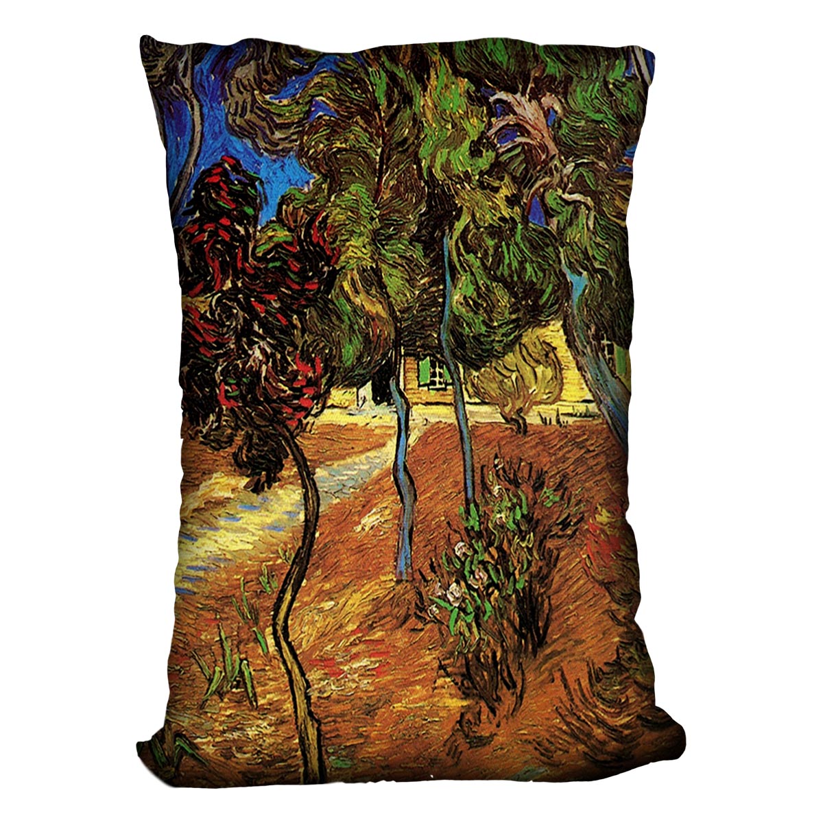 A vibrant cushion featuring the Trees in the Garden of Saint-Paul Hospital 2 by Van Gogh, made from luxurious vegan faux suede with plump filling.