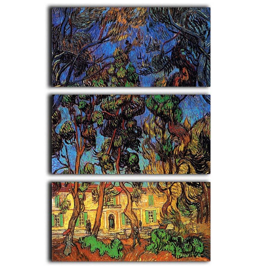 Three-panel canvas art featuring Van Gogh's Trees in the Garden of Saint-Paul Hospital, showcasing vibrant colors and intricate details.