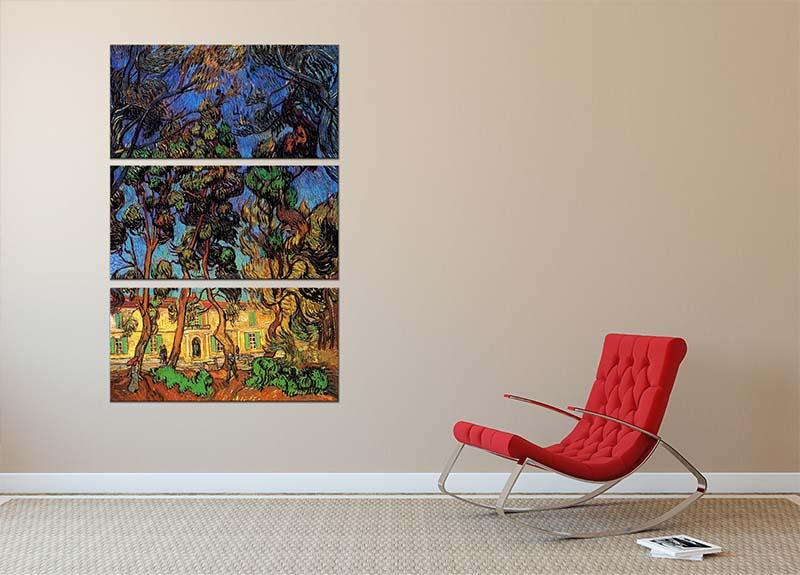 Three-panel canvas art featuring Van Gogh's Trees in the Garden of Saint-Paul Hospital, showcasing vibrant colors and intricate details.