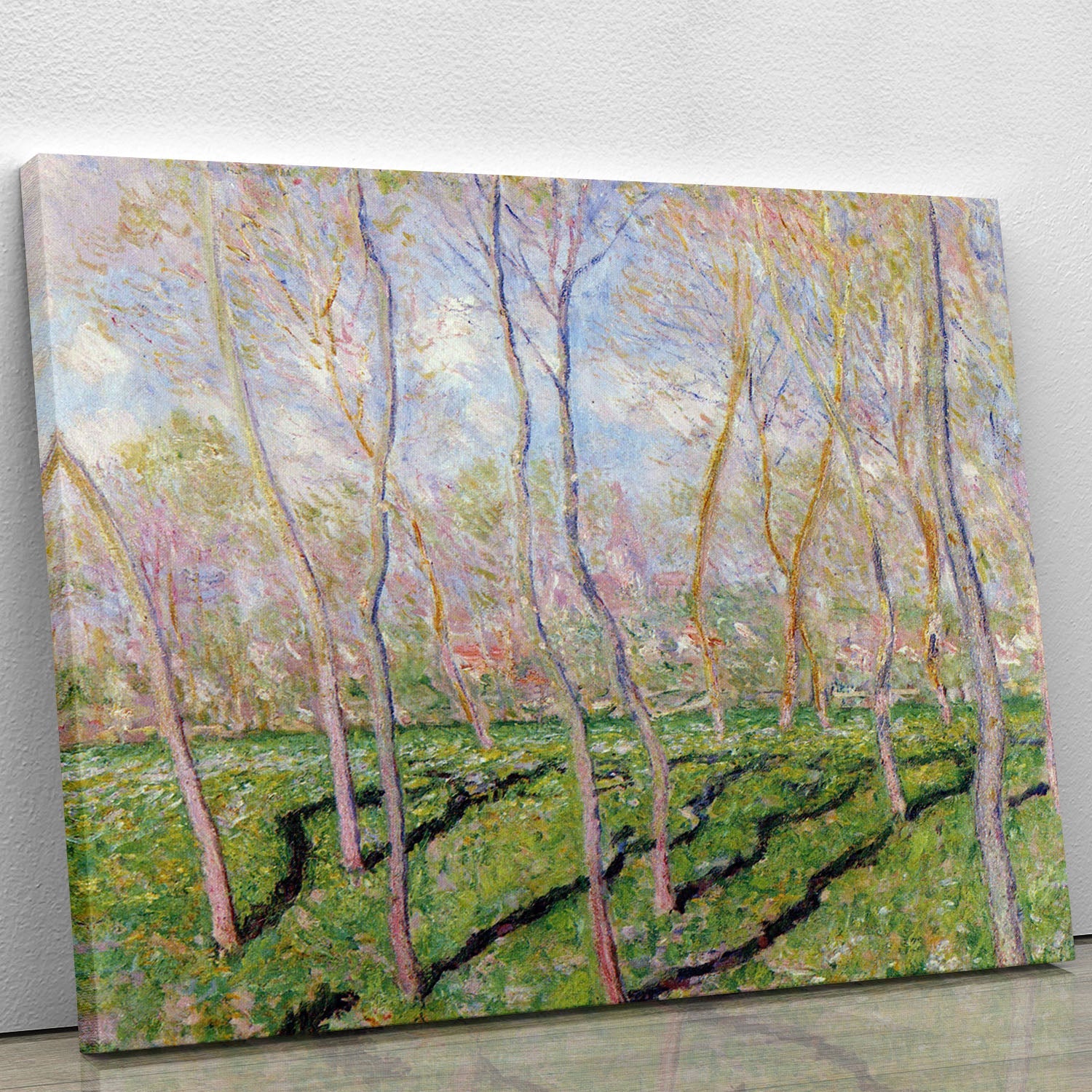 Canvas print of 'Trees in Winter look at Bennecourt' by Monet, showcasing a serene winter landscape with trees and soft hues.