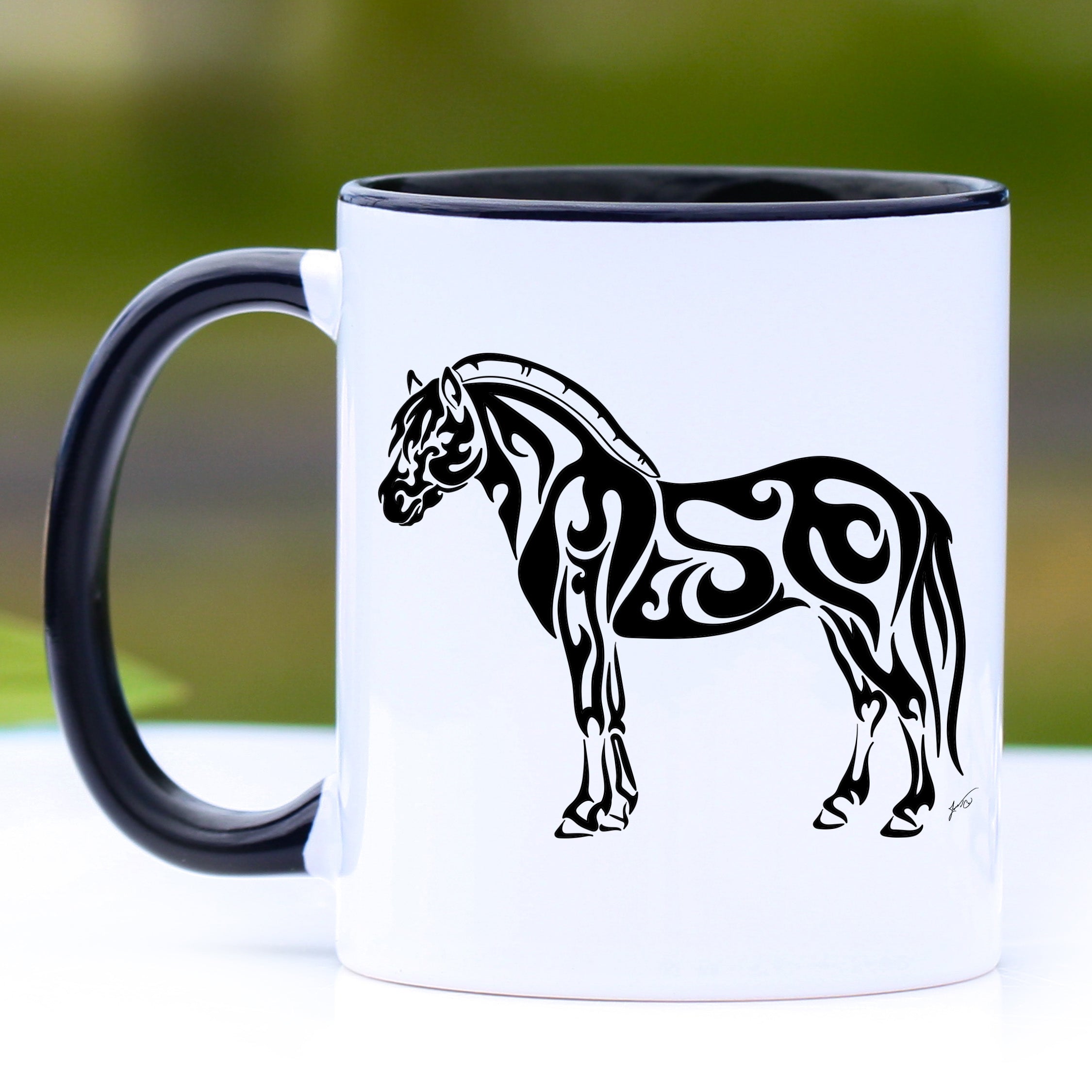Tribal Style Fjord Horse Mug with black handle and interior, featuring a profile of a Fjord horse.
