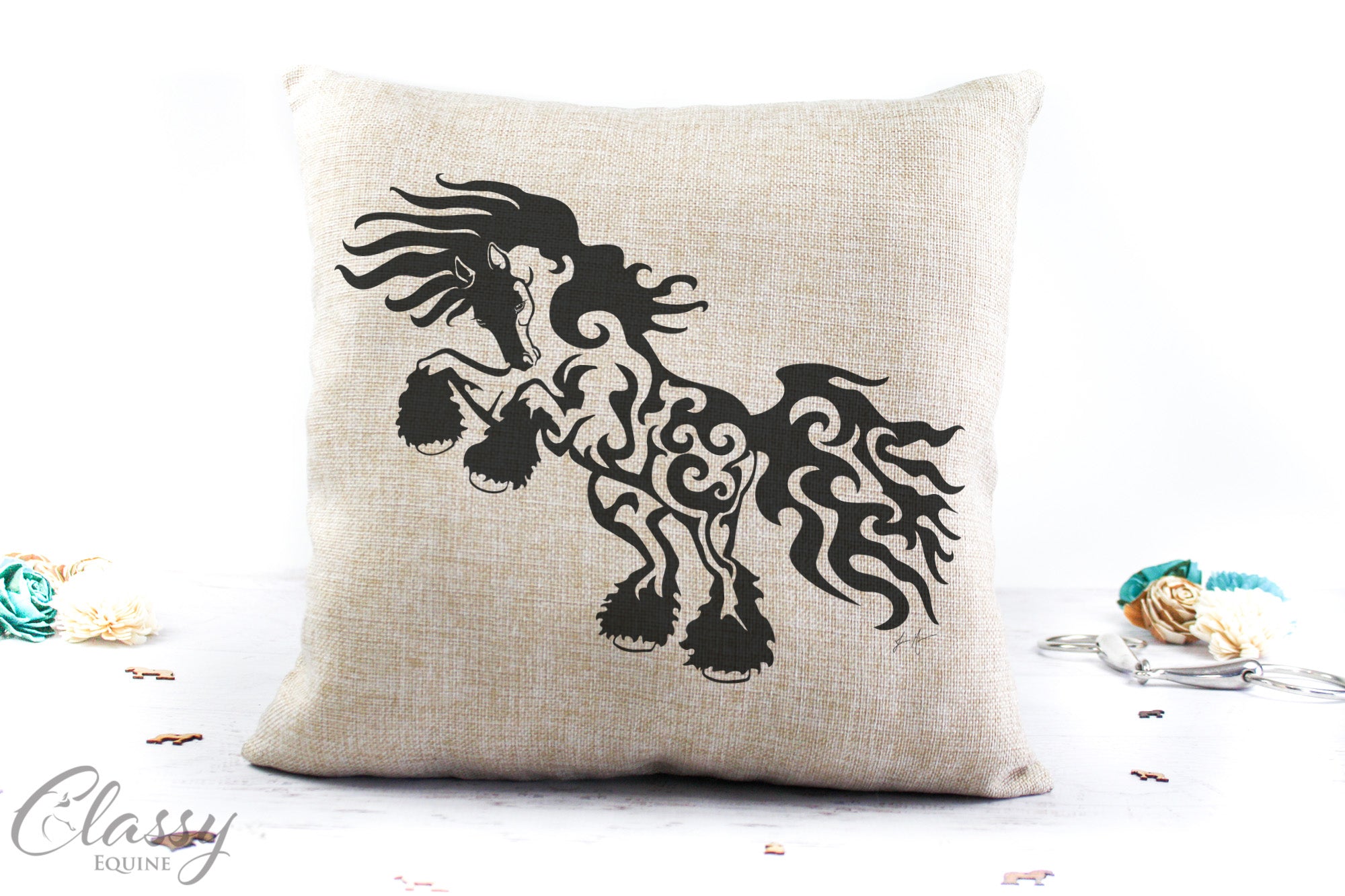 Tribal Style Gypsy Horse Pillow Cover featuring a unique Gypsy at Play design on faux burlap fabric.