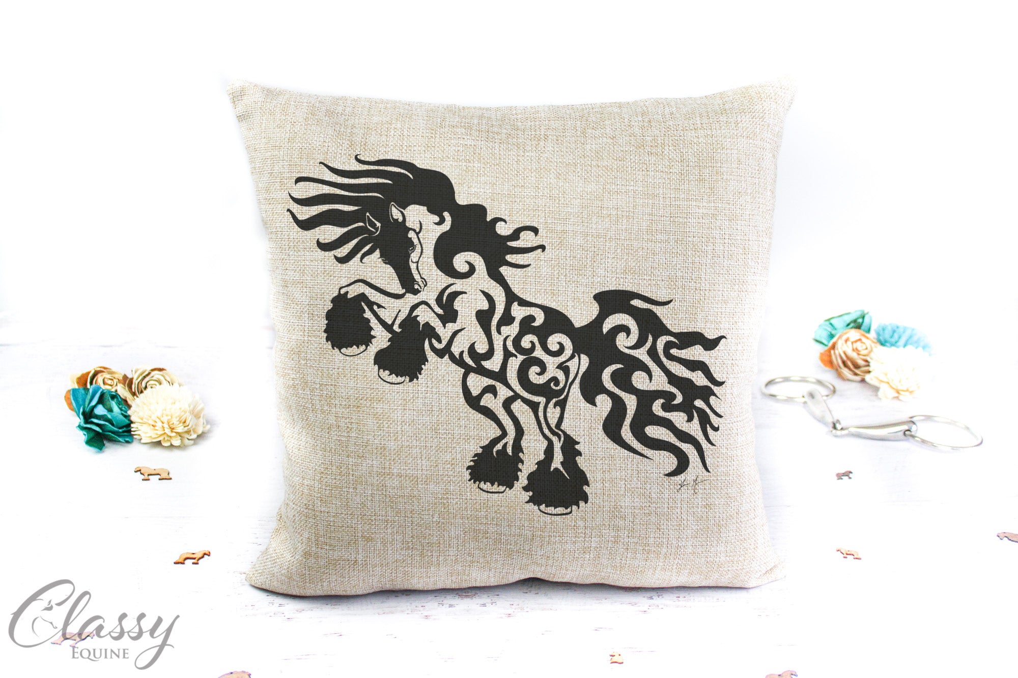 Tribal Style Gypsy Horse Pillow Cover featuring a unique Gypsy at Play design on faux burlap fabric.