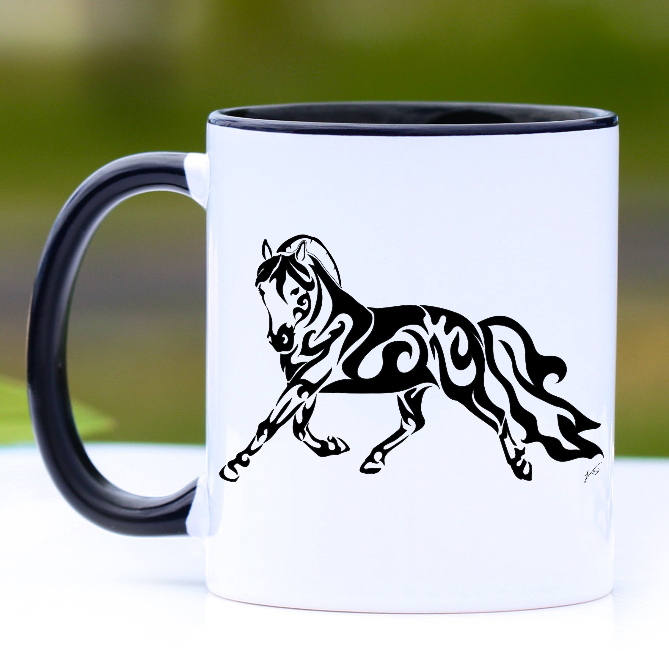 Tribal Style Trotting Fjord Horse Mug with black handle and interior, featuring a cute trotting Fjord horse design.