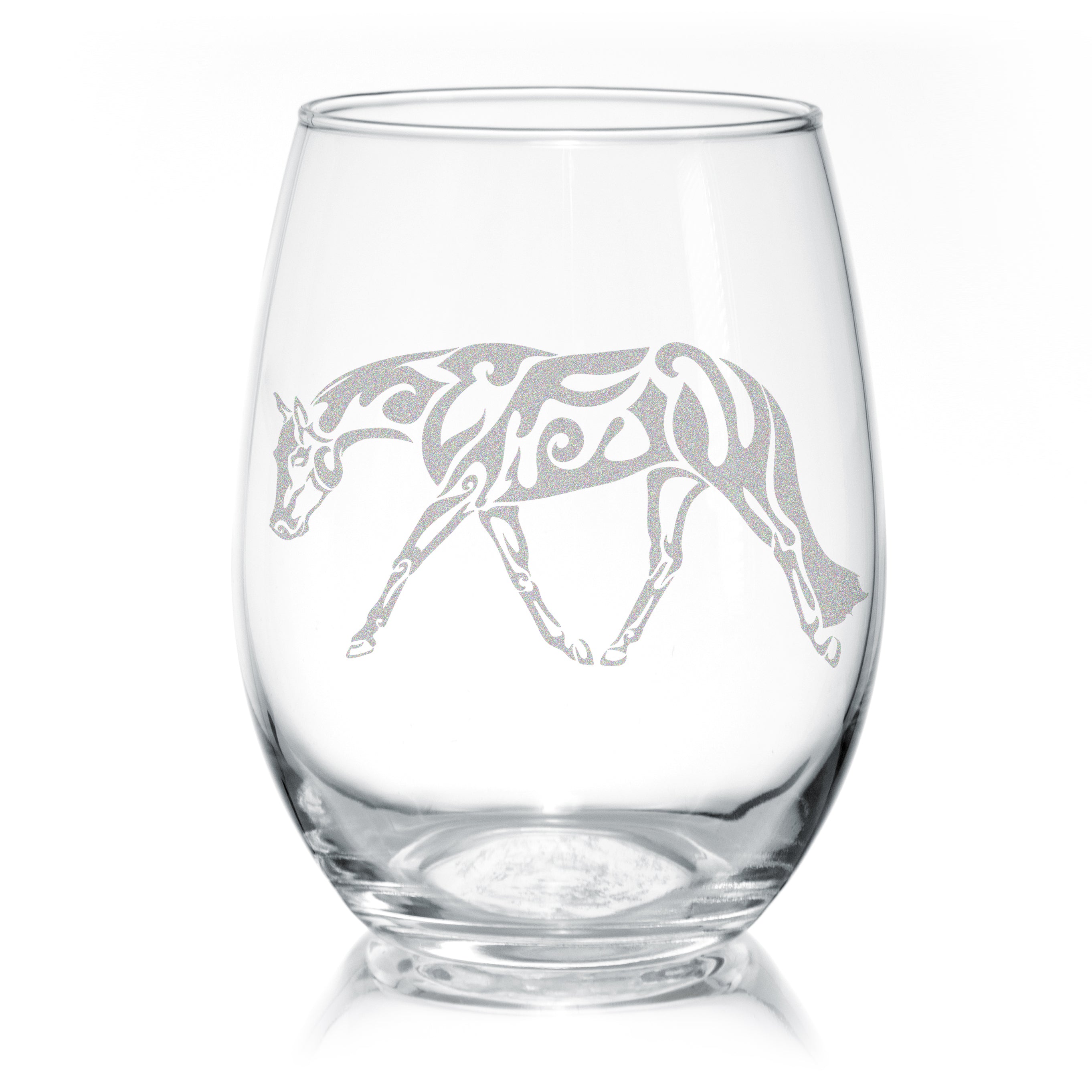 Set of Tribal Western Quarter Horse wine glasses featuring unique tribal designs, perfect for wine lovers and equestrian enthusiasts.
