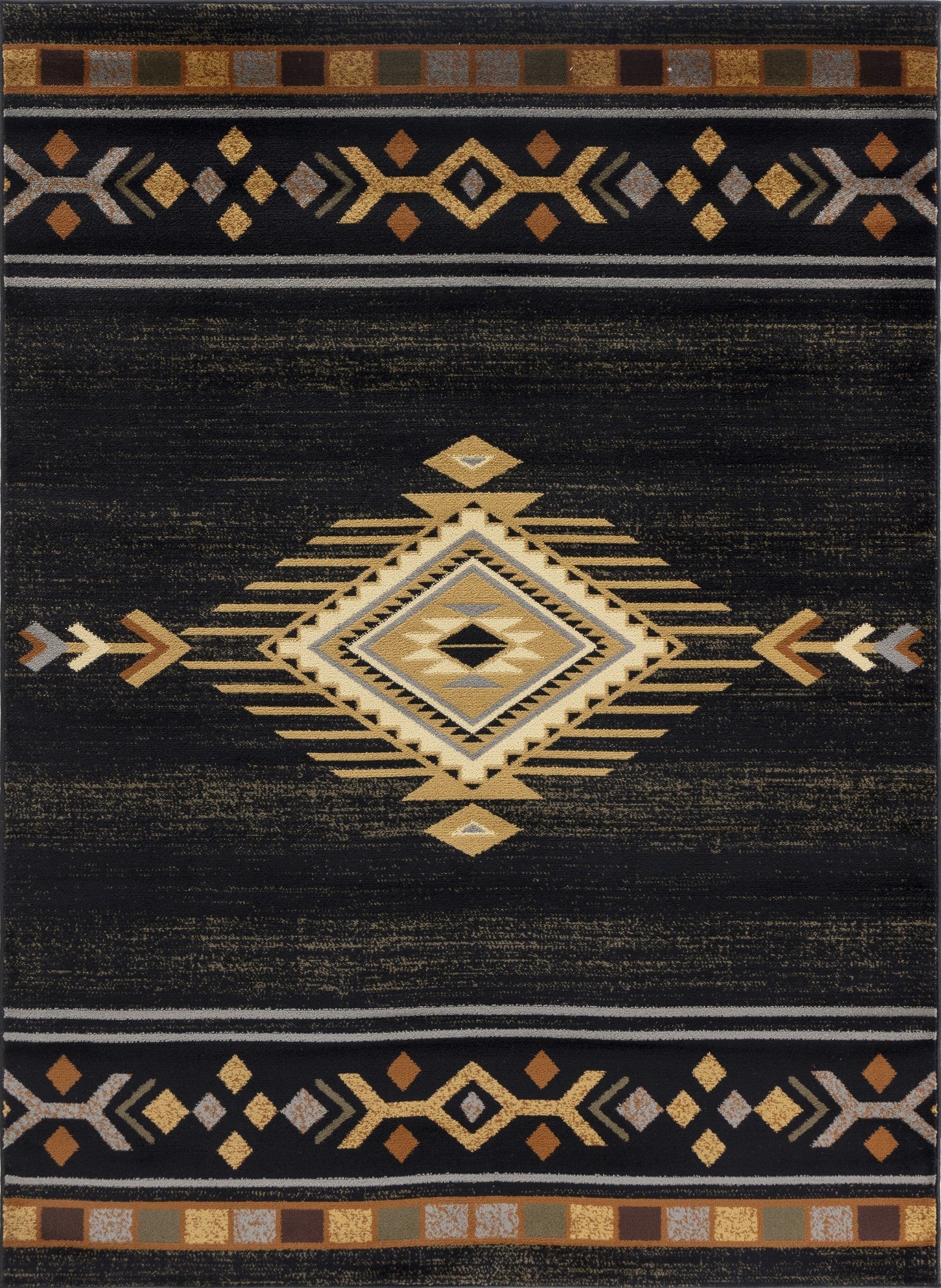 Tribes Black Southwest Area Rug measuring 7 ft. 10 in. x 10 ft. 3 in., showcasing intricate patterns and a durable polypropylene material.