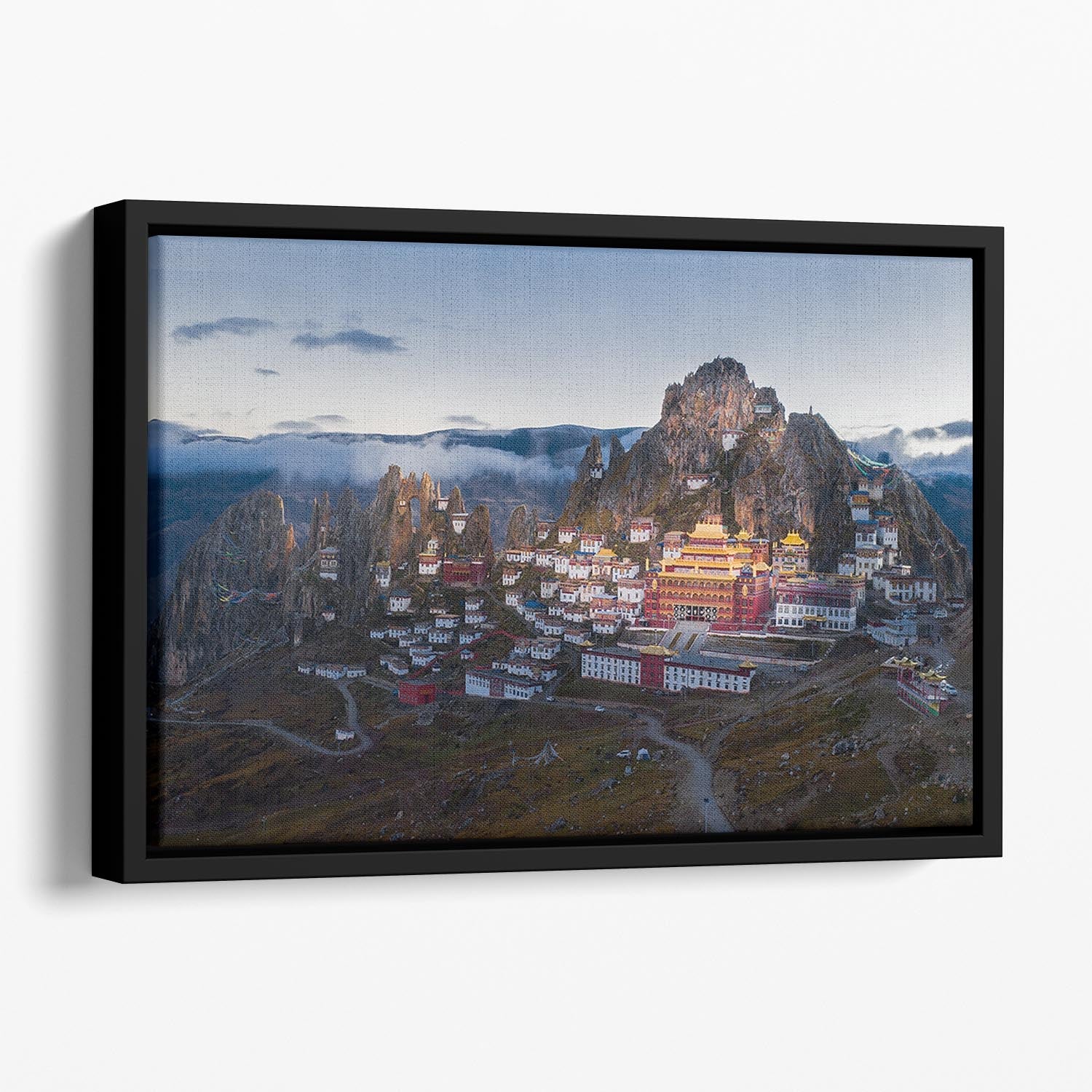 Triten Norbutse Floating Framed Canvas featuring vibrant abstract art in an elegant wooden frame, perfect for home decor.