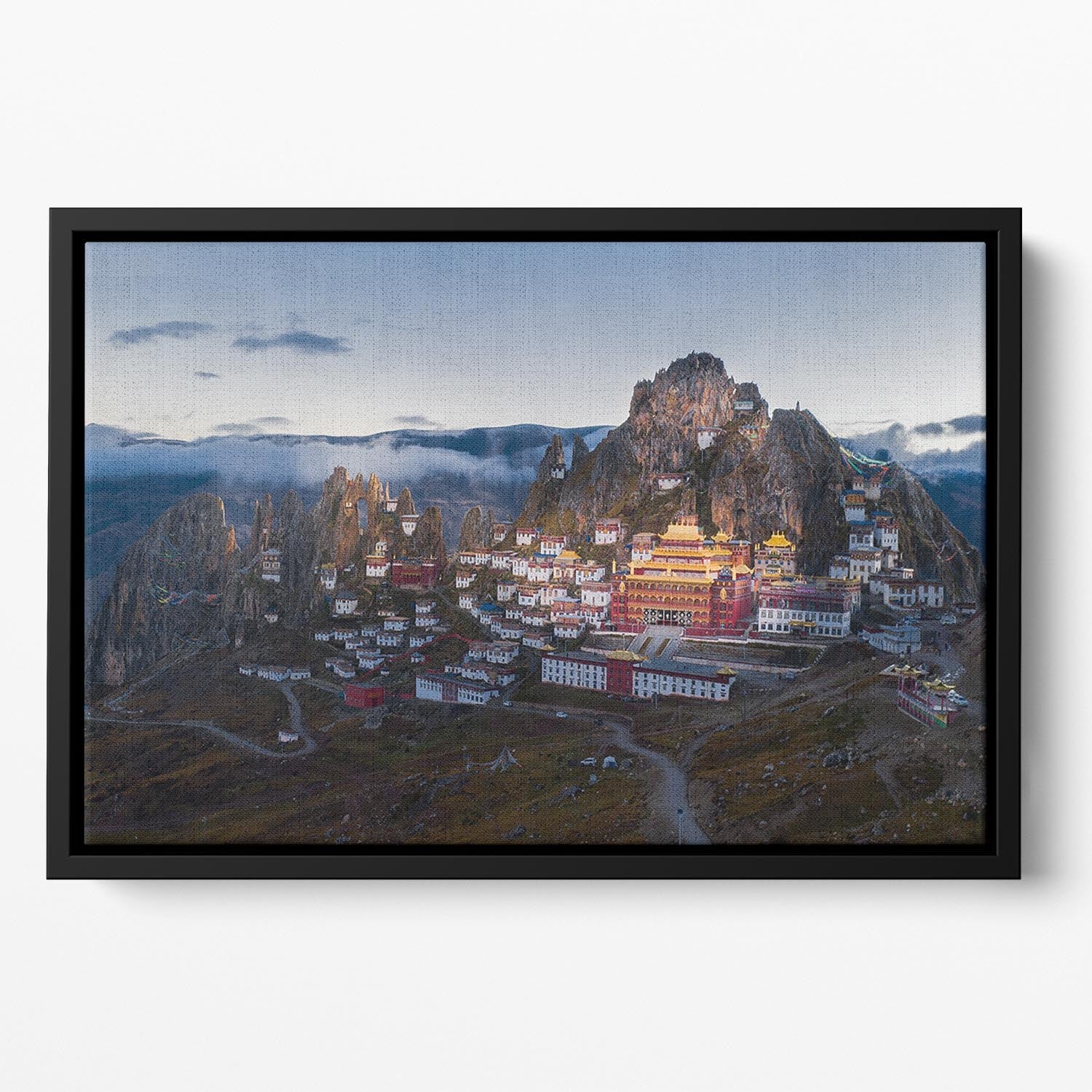 Triten Norbutse Floating Framed Canvas featuring vibrant abstract art in an elegant wooden frame, perfect for home decor.