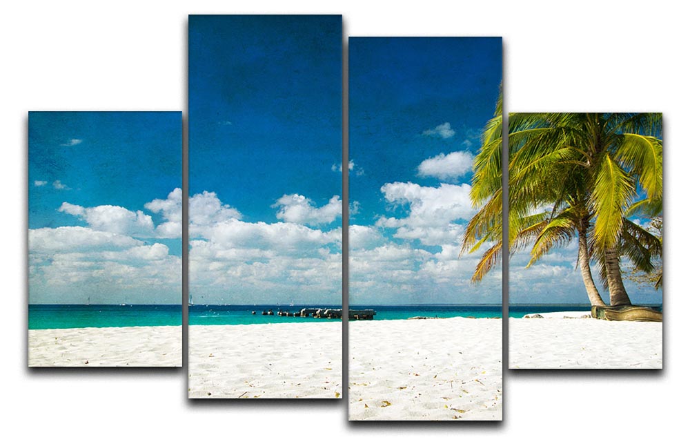 A vibrant 4-panel canvas artwork depicting a tropical beach scene with palm trees and ocean waves, creating a serene atmosphere.
