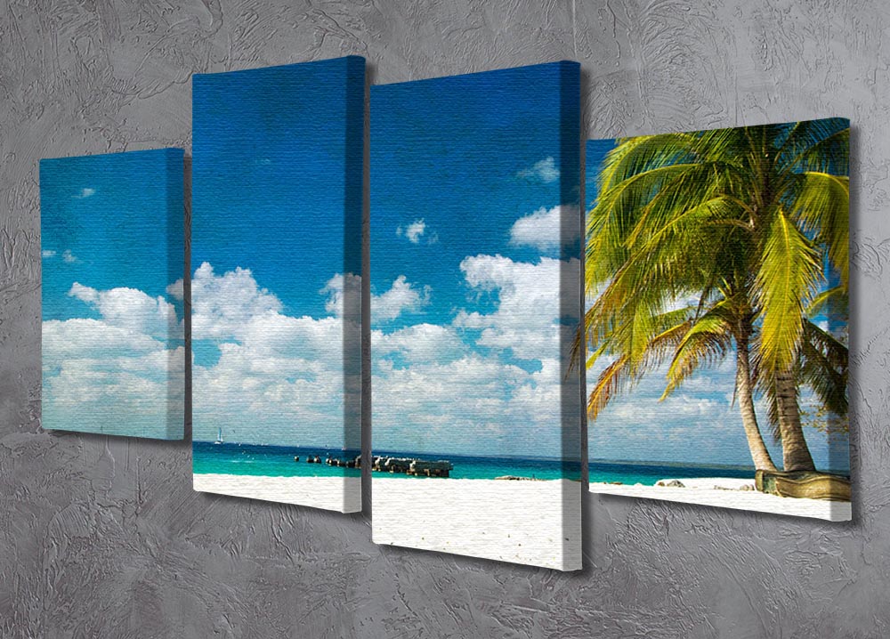 A vibrant 4-panel canvas artwork depicting a tropical beach scene with palm trees and ocean waves, creating a serene atmosphere.