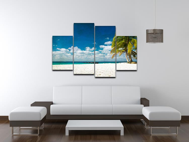 A vibrant 4-panel canvas artwork depicting a tropical beach scene with palm trees and ocean waves, creating a serene atmosphere.