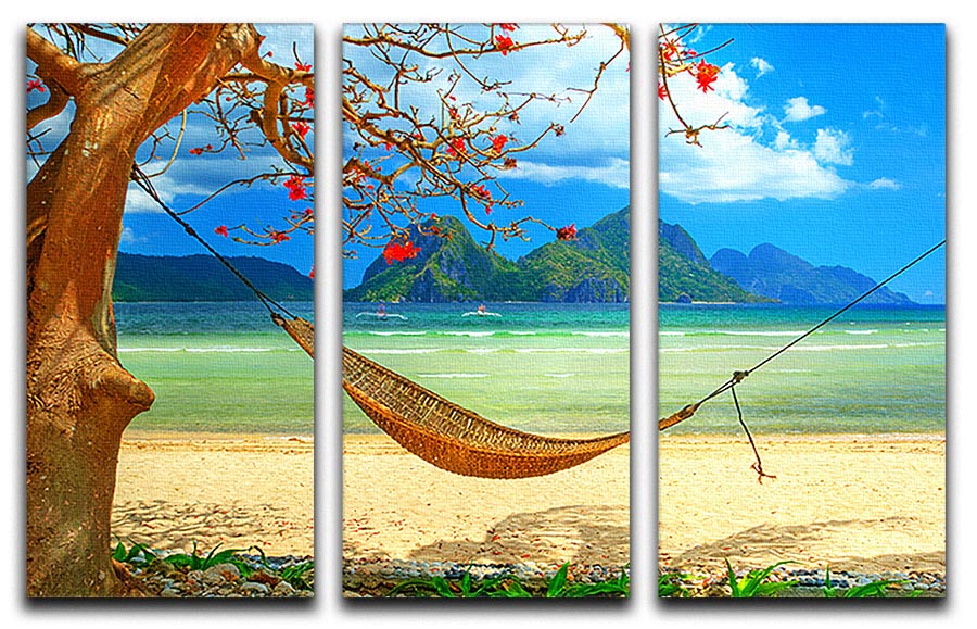 A beautiful 3-panel canvas print depicting a tropical beach scene with a hammock, perfect for home decor.