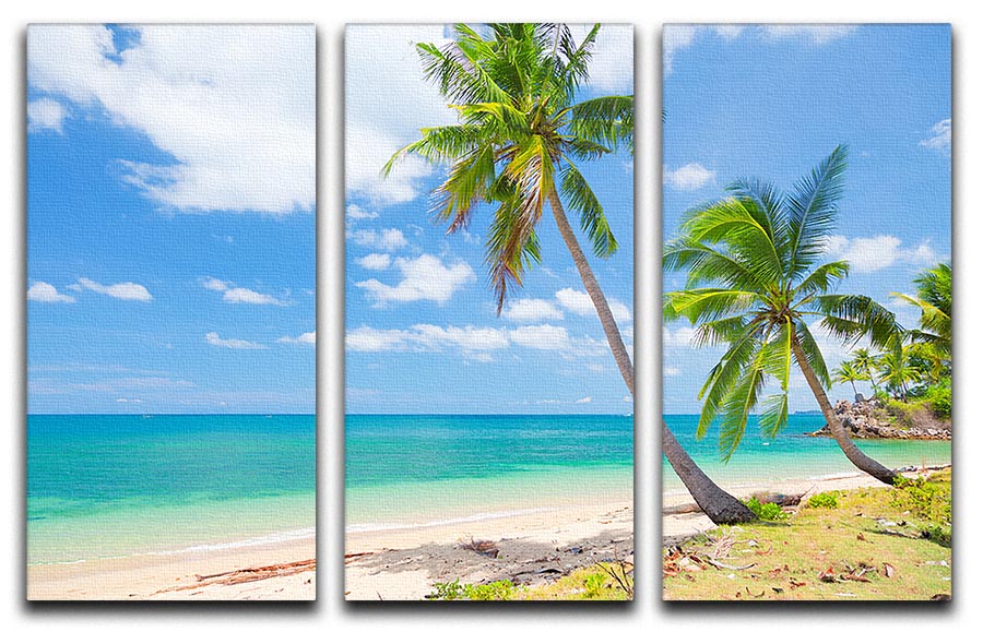 A beautiful 3-panel canvas print depicting a tropical beach scene with coconut palms swaying in the breeze, perfect for home decor.