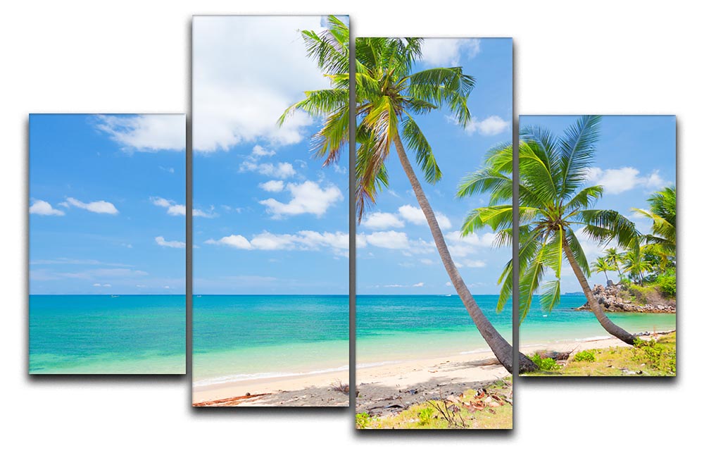 A vibrant 4-panel canvas artwork depicting a tropical beach with coconut palms, showcasing a serene coastal scene.
