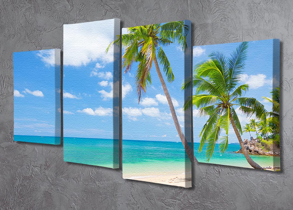 A vibrant 4-panel canvas artwork depicting a tropical beach with coconut palms, showcasing a serene coastal scene.