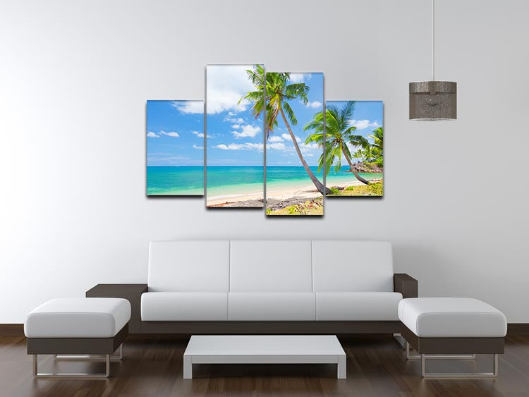 A vibrant 4-panel canvas artwork depicting a tropical beach with coconut palms, showcasing a serene coastal scene.