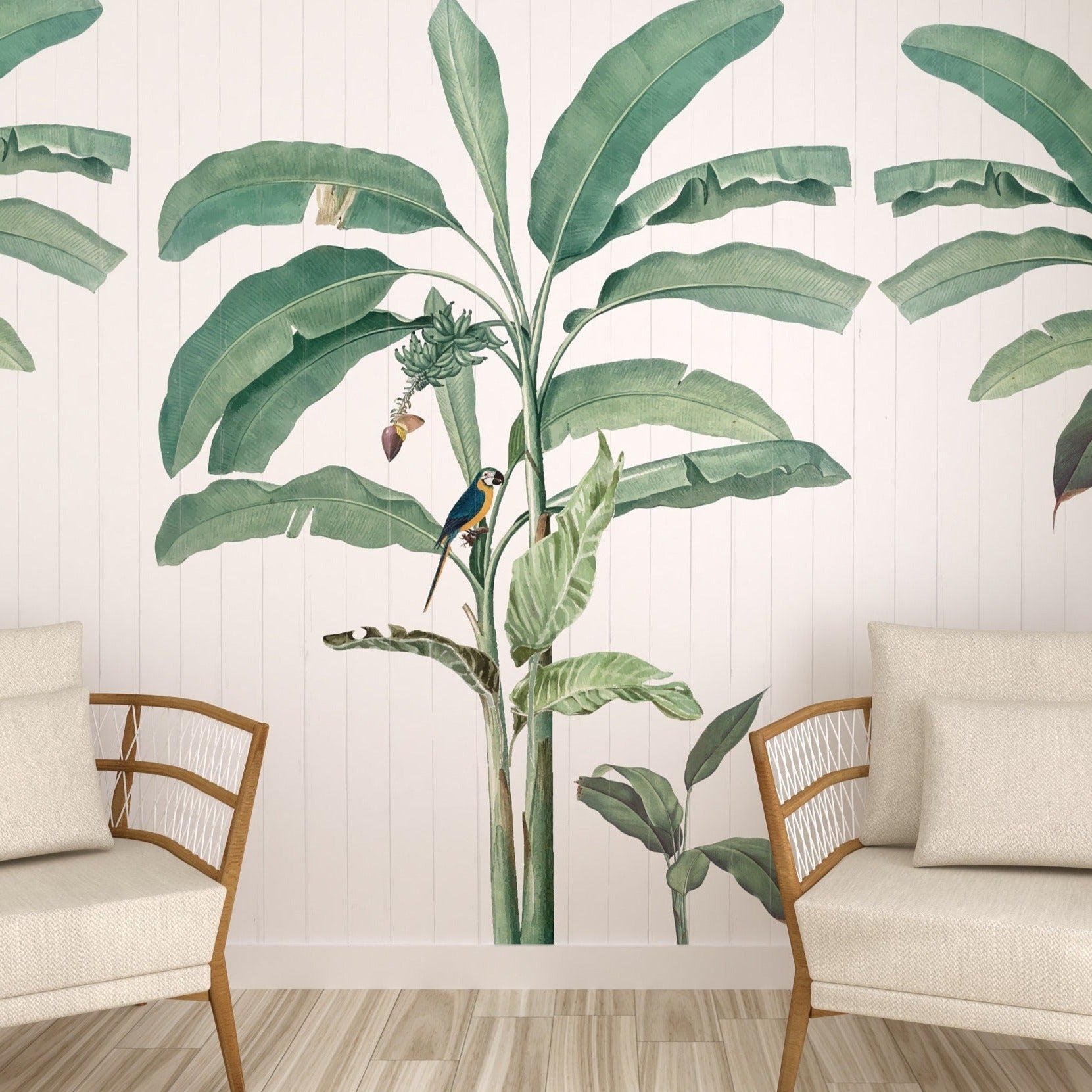 Tropical Bliss Wallpaper Mural featuring lush leaves and palm trees, creating a serene tropical paradise for home decor.