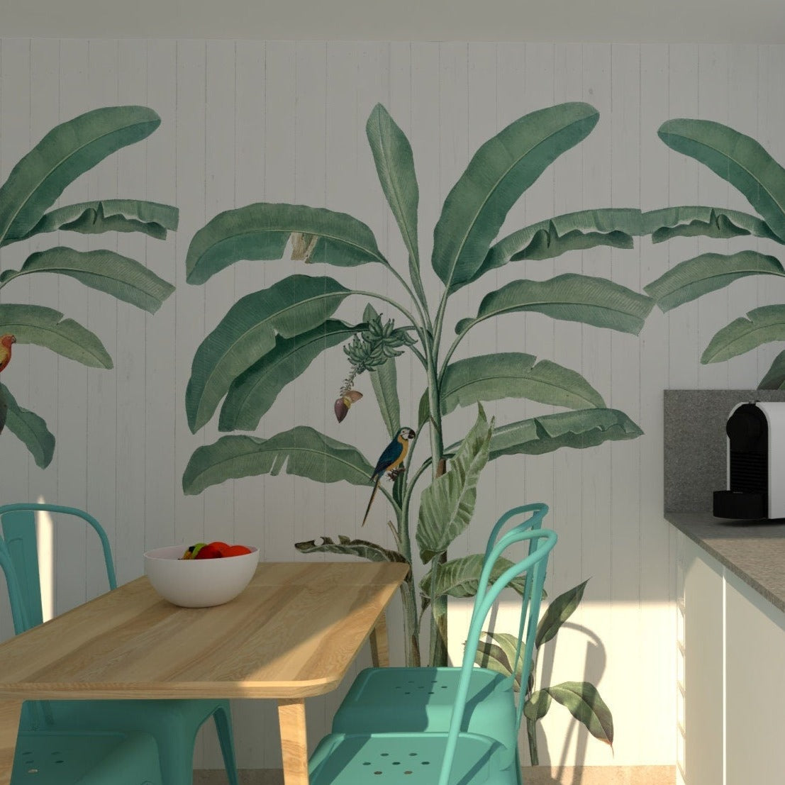 Tropical Bliss Wallpaper Mural featuring lush leaves and palm trees, creating a serene tropical paradise for home decor.