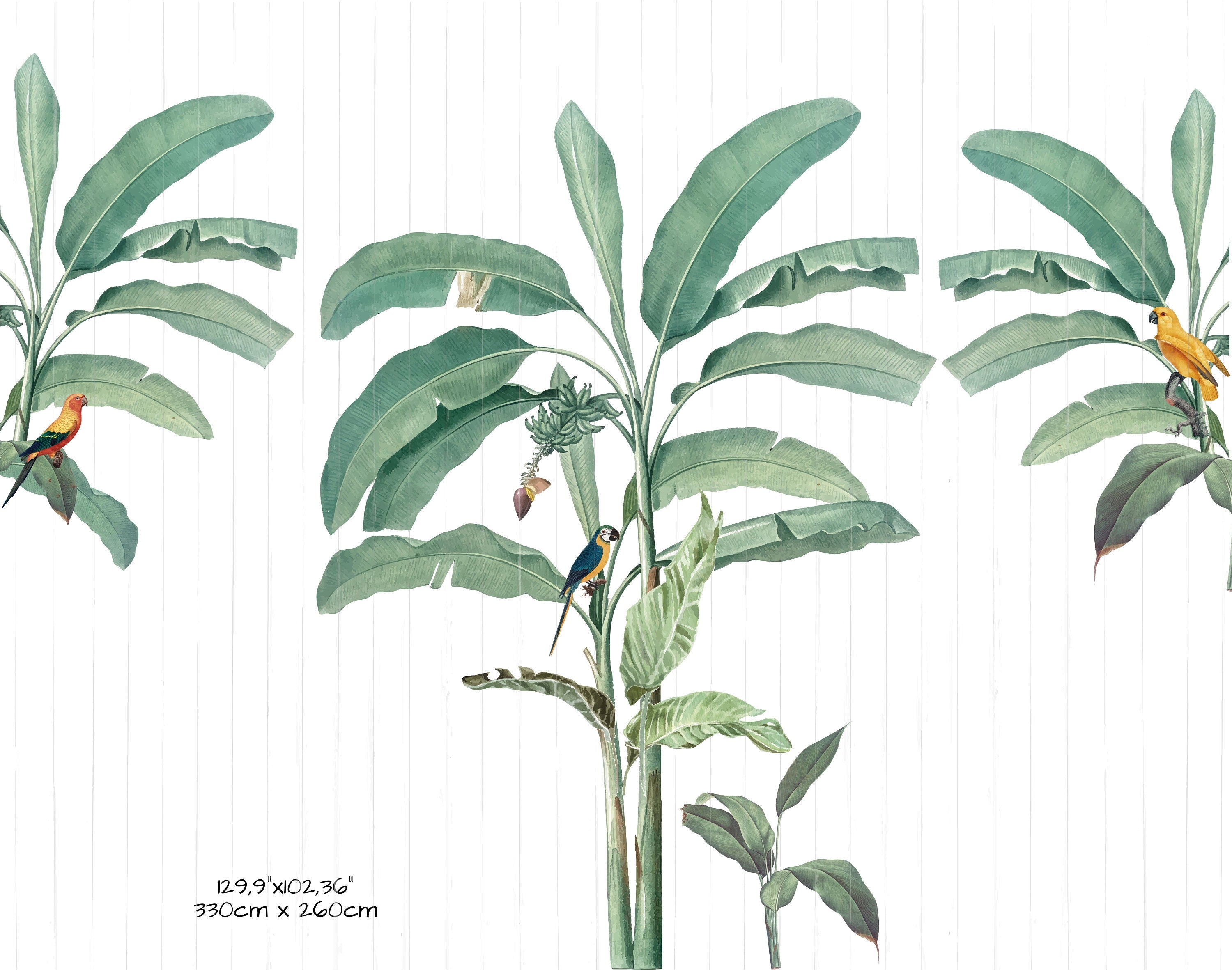 Tropical Bliss Wallpaper Mural featuring lush leaves and palm trees, creating a serene tropical paradise for home decor.