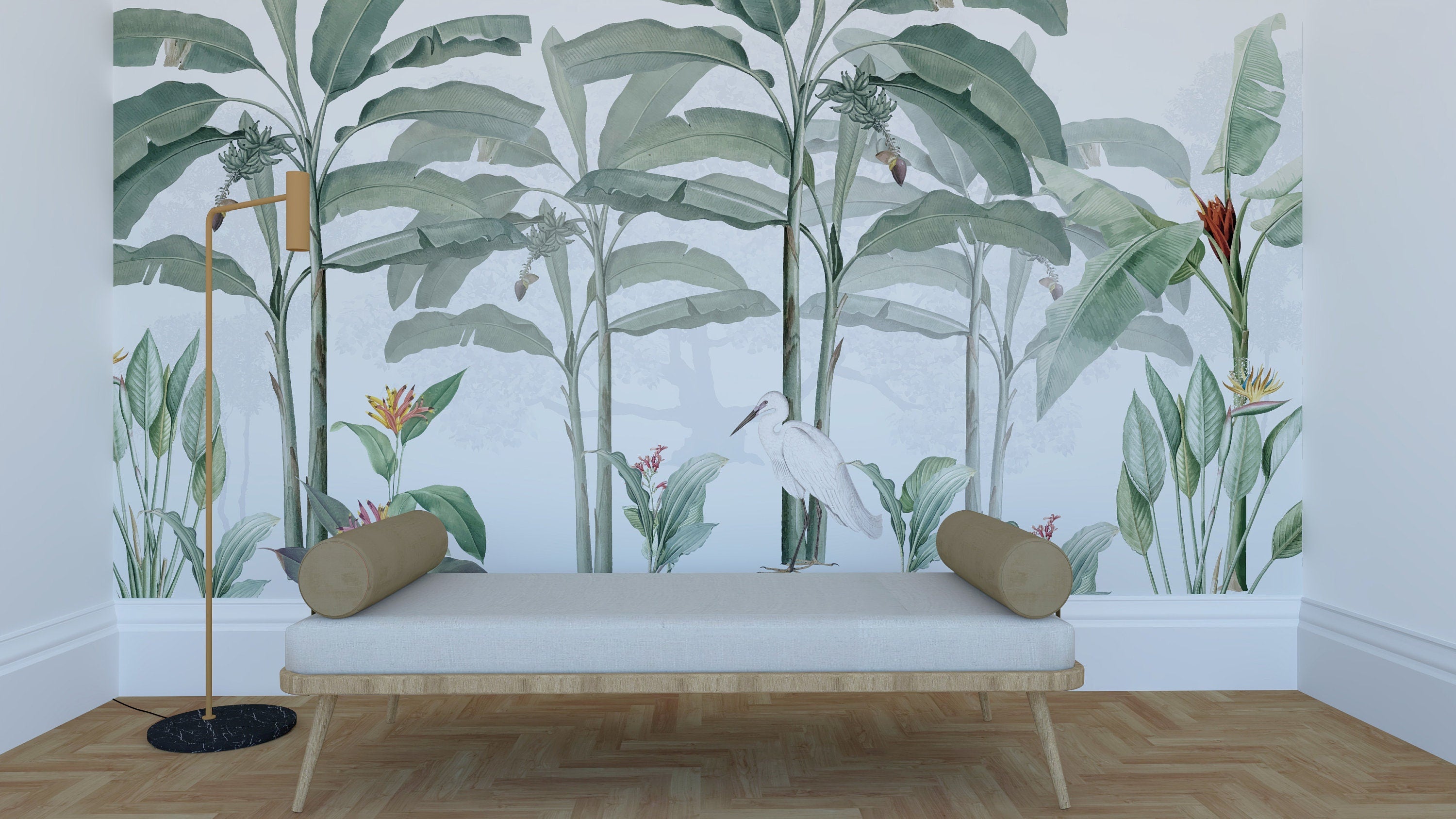 Tropical Jungle Wallpaper featuring lush green foliage and exotic plants, perfect for creating a vibrant atmosphere in any room.