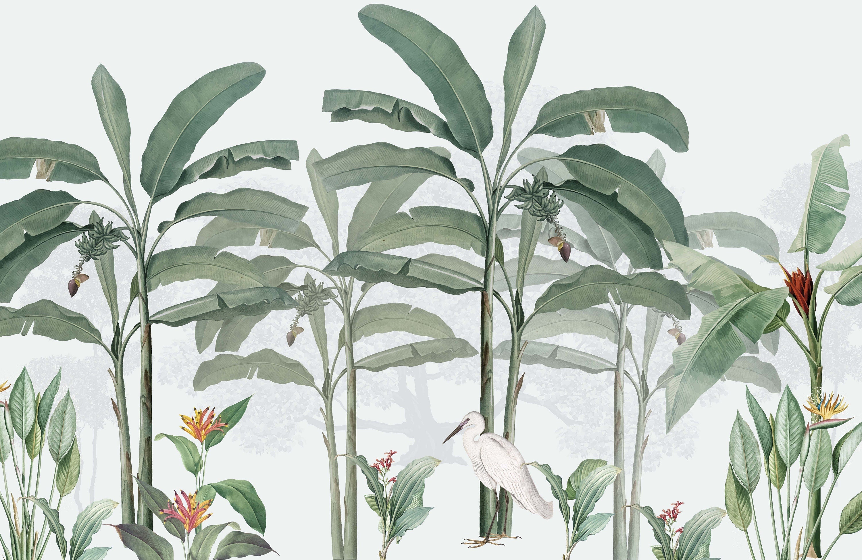 Tropical Jungle Wallpaper featuring lush green foliage and exotic plants, perfect for creating a vibrant atmosphere in any room.