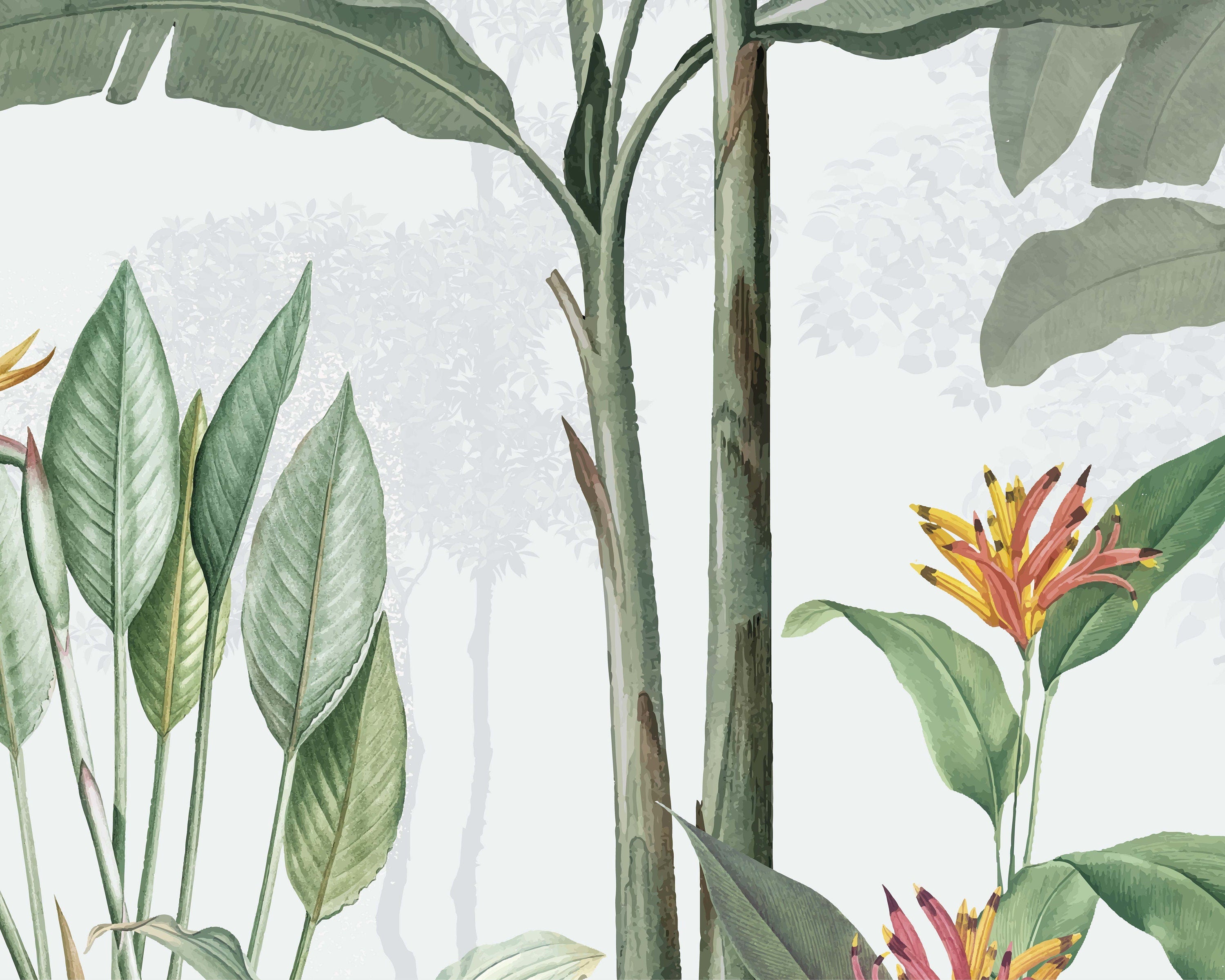 Tropical Jungle Wallpaper featuring lush green foliage and exotic plants, perfect for creating a vibrant atmosphere in any room.