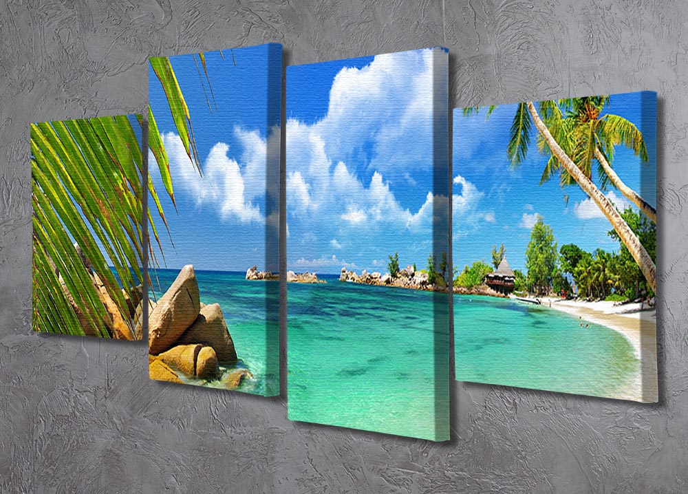 A vibrant 4-panel canvas artwork depicting a tropical paradise with palm trees and ocean views.