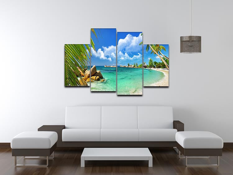 A vibrant 4-panel canvas artwork depicting a tropical paradise with palm trees and ocean views.