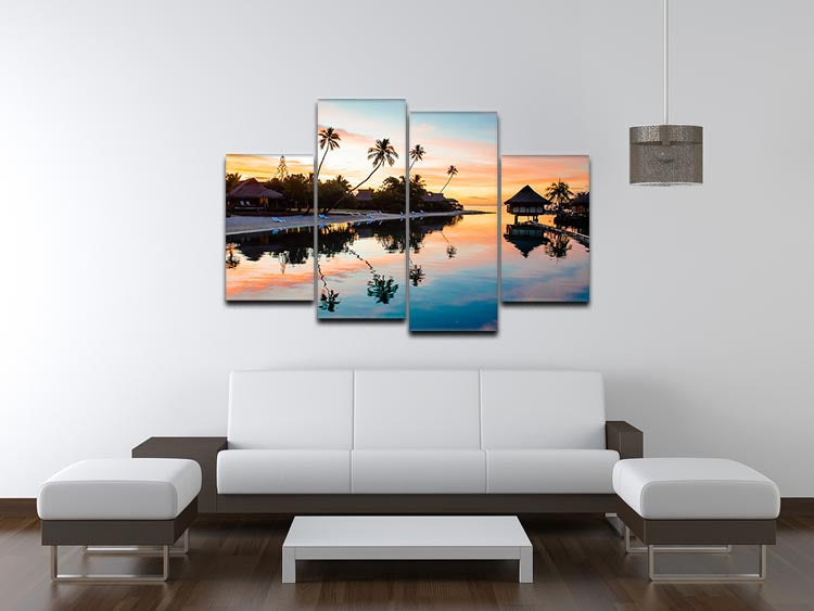 A vibrant 4-panel canvas artwork depicting a tropical sunset over Moorea, showcasing rich colors and serene ocean views.